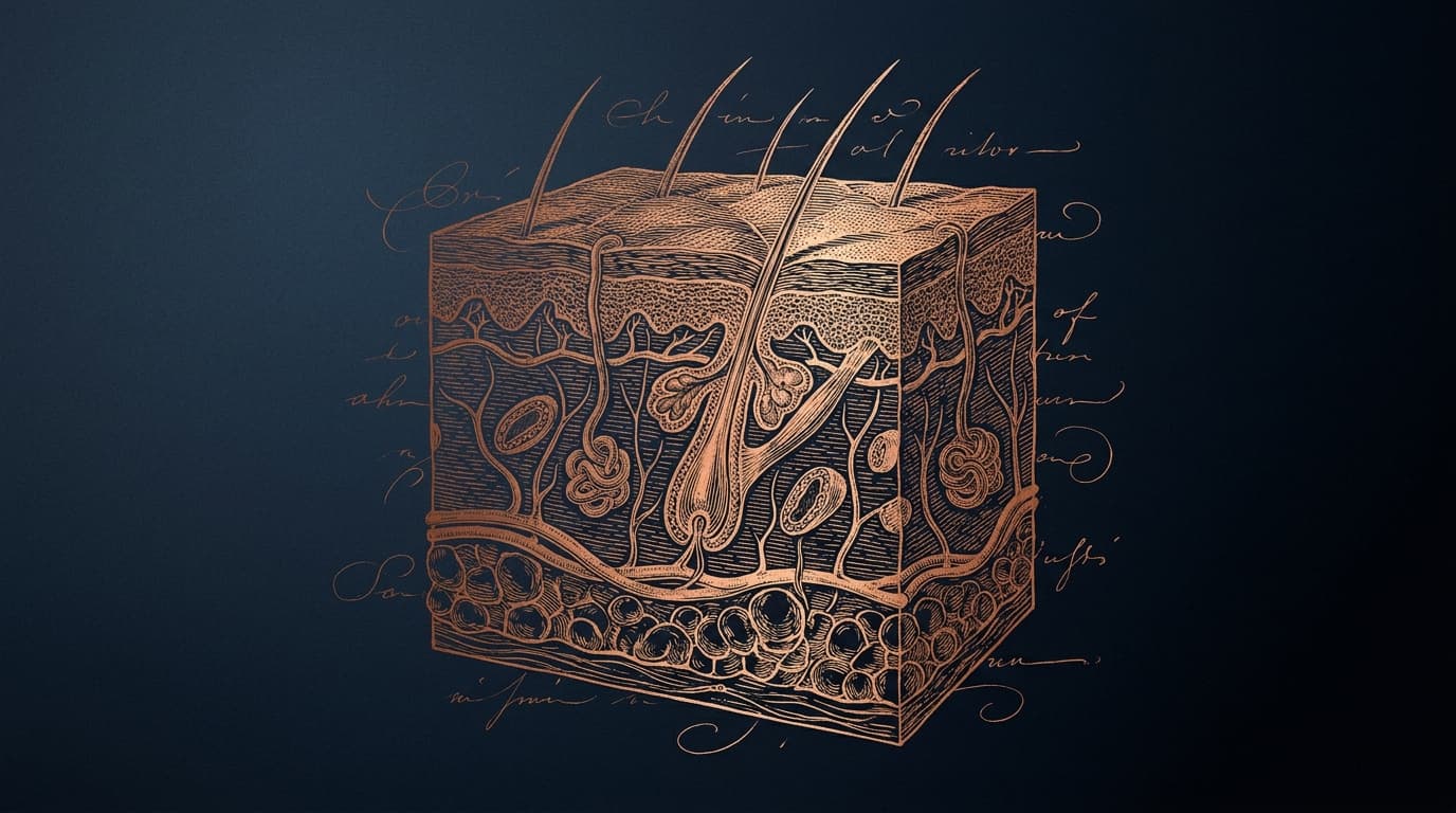 Kupferstich-Illustration: Hautquerschnitt mit Epidermis, Dermis und Unterhaut