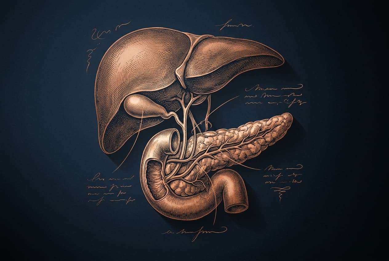 Kupferstich-Illustration: Leber, Gallenblase und Bauchspeicheldrüse, verbunden durch feine Gallenwege